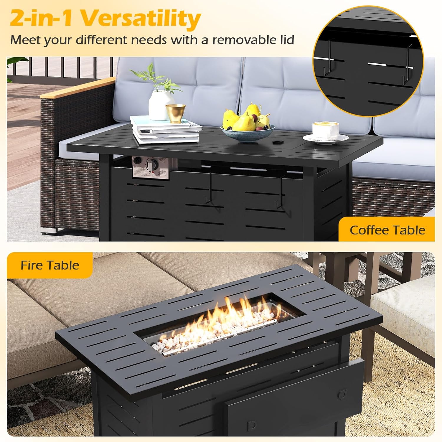 Tangkula Outdoor Propane Fire Pit Table, 40 Inch ETL Certified Outside Rectangle Gas Fire Table with Lava Rocks, Removable Lid and Protective Cover for Patio, Garden, Deck and Backyard (Black)