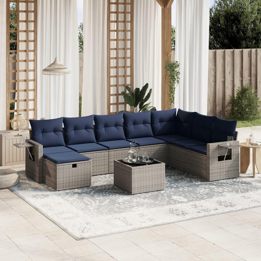 9 Piece Patio Sofa Set, Gray Poly Rattan Outdoor Furniture with Cushions, Tempered Glass Table, Modular Design for Backyard Terrace