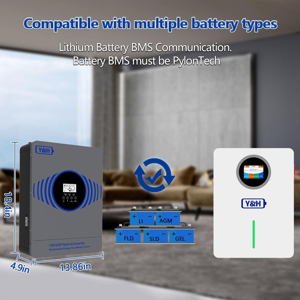 Y&H 4200W Hybrid Solar Inverter AC230V to DC12V/24V Dual Voltage Pure Sine Wave Off-Grid Inverter, Built-in 100A MPPT Controller, Max PV Power 4000W Input with BMS /RS485, for Home/RV/Backup Power