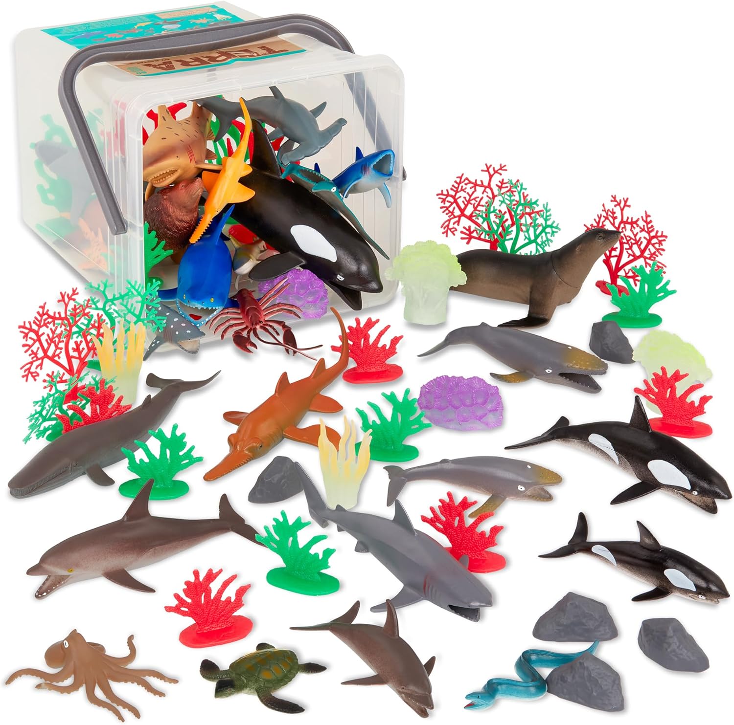 Terra by Battat – 60 Pieces Marine World Realistic Ocean Animal Toy Set – Plastic Sea Animal Figurines & Accessories – Includes Shark, Whale, Dolphin & More for Kids & Toddlers 3+ Years