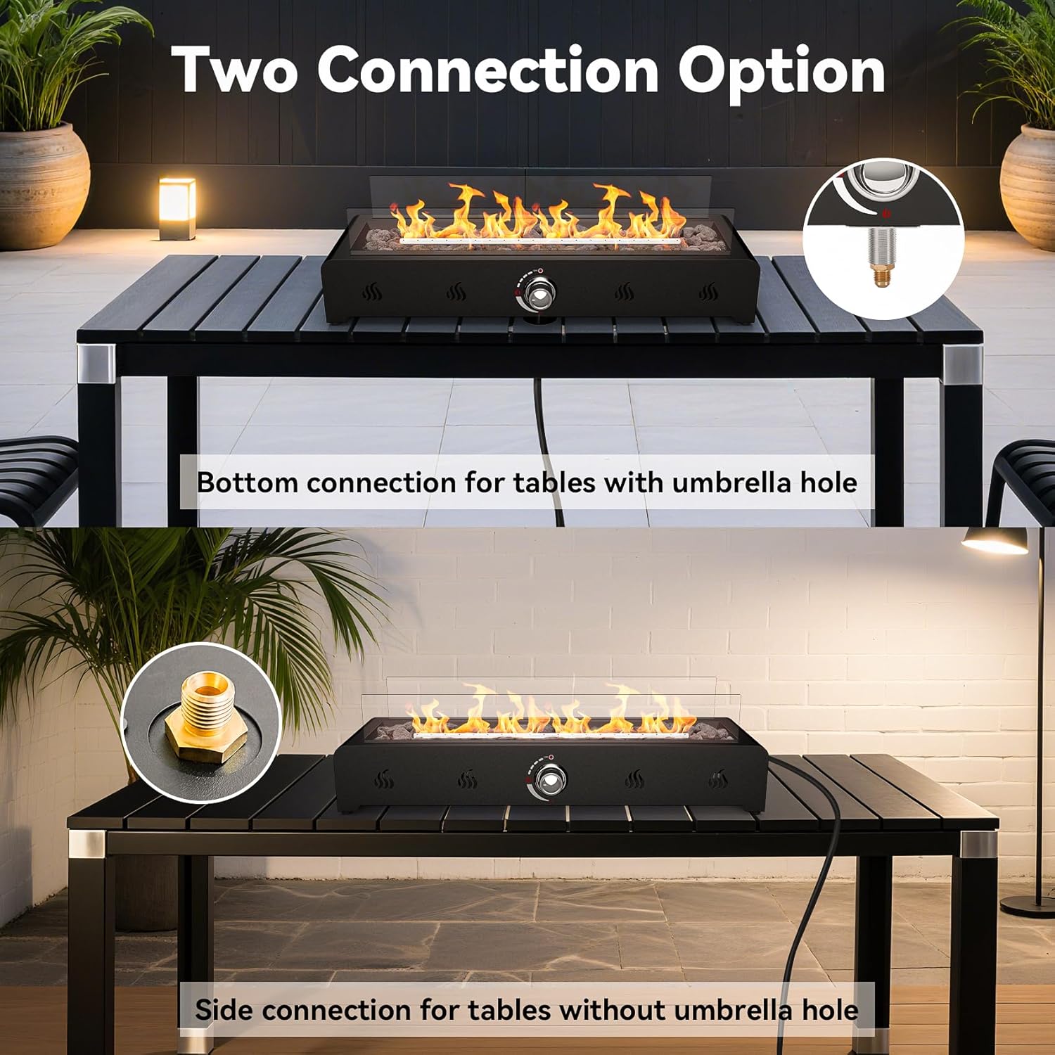 Onlyfire 28'' Tabletop Fire Pit, Outdoor Propane Gas Firepit Side-Mounted for Most Tables, Glass Wind Guard and Lava Rock, Rectangular Smokeless Fire Table Top Fireplace