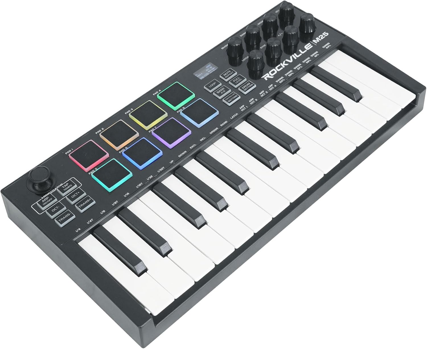 Rockville M25 BLACK 25 Key USB Wireless MIDI Keyboard Controller, Bluetooth, 8 Pads and Knobs, Joystick, Arpeggiator, Compact, for Music Production