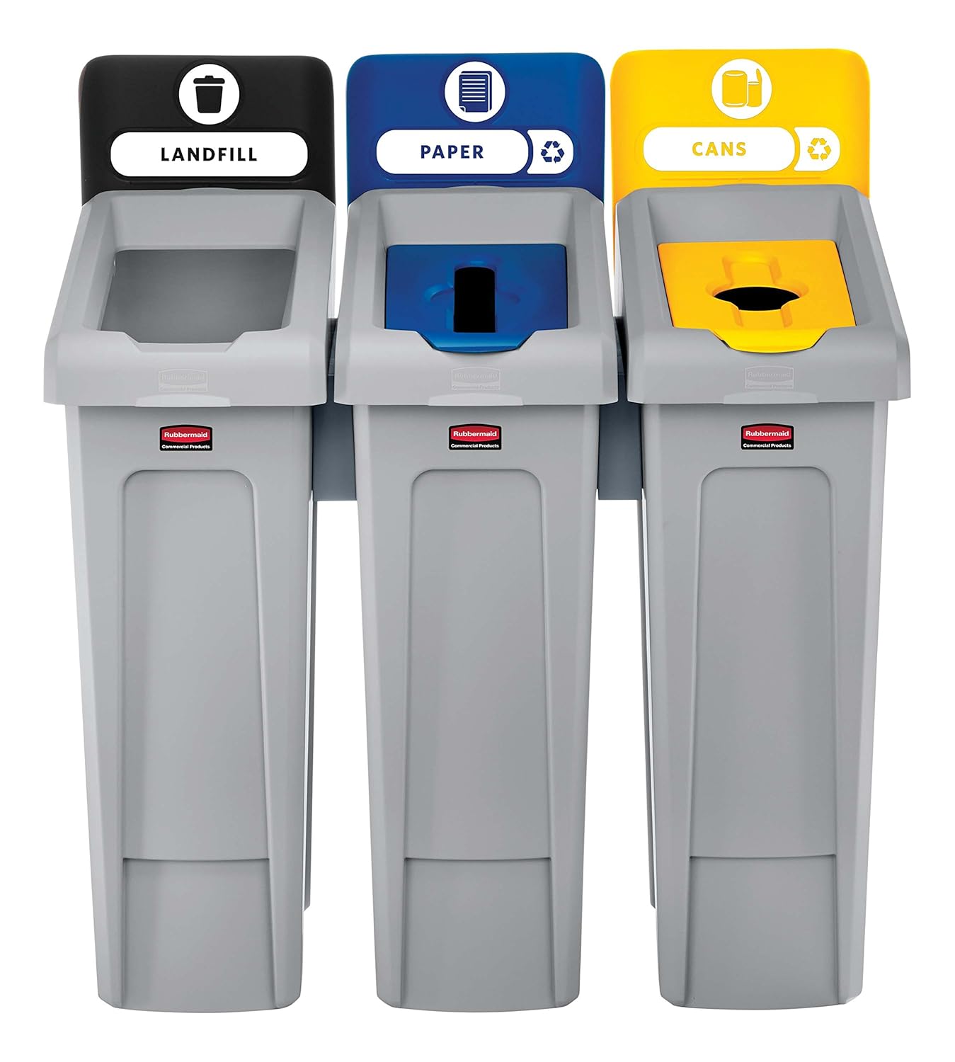 Rubbermaid Commercial Products Slim Jim Recycling Station, 3 Stream Landfill/Paper/Bottles Cans