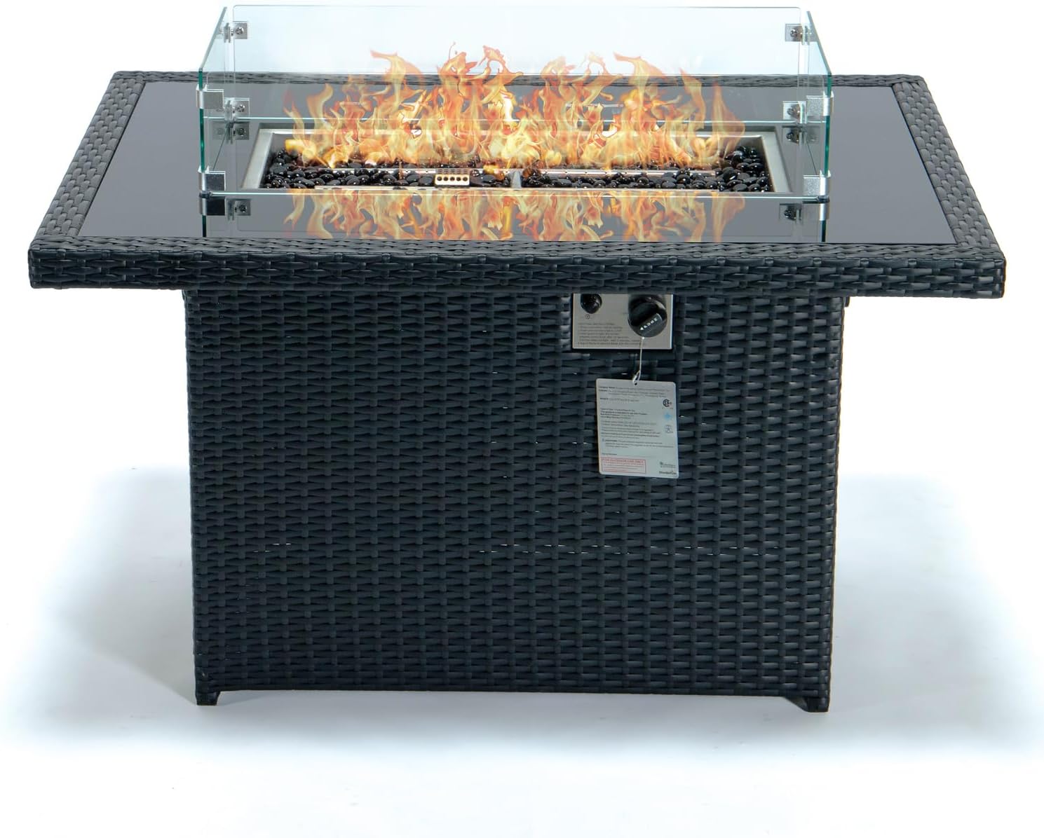 Maykoosh Outdoor Fire Pit Table - Propane Patio Heater with Lid & Crystal Stones - Modern Wicker Design