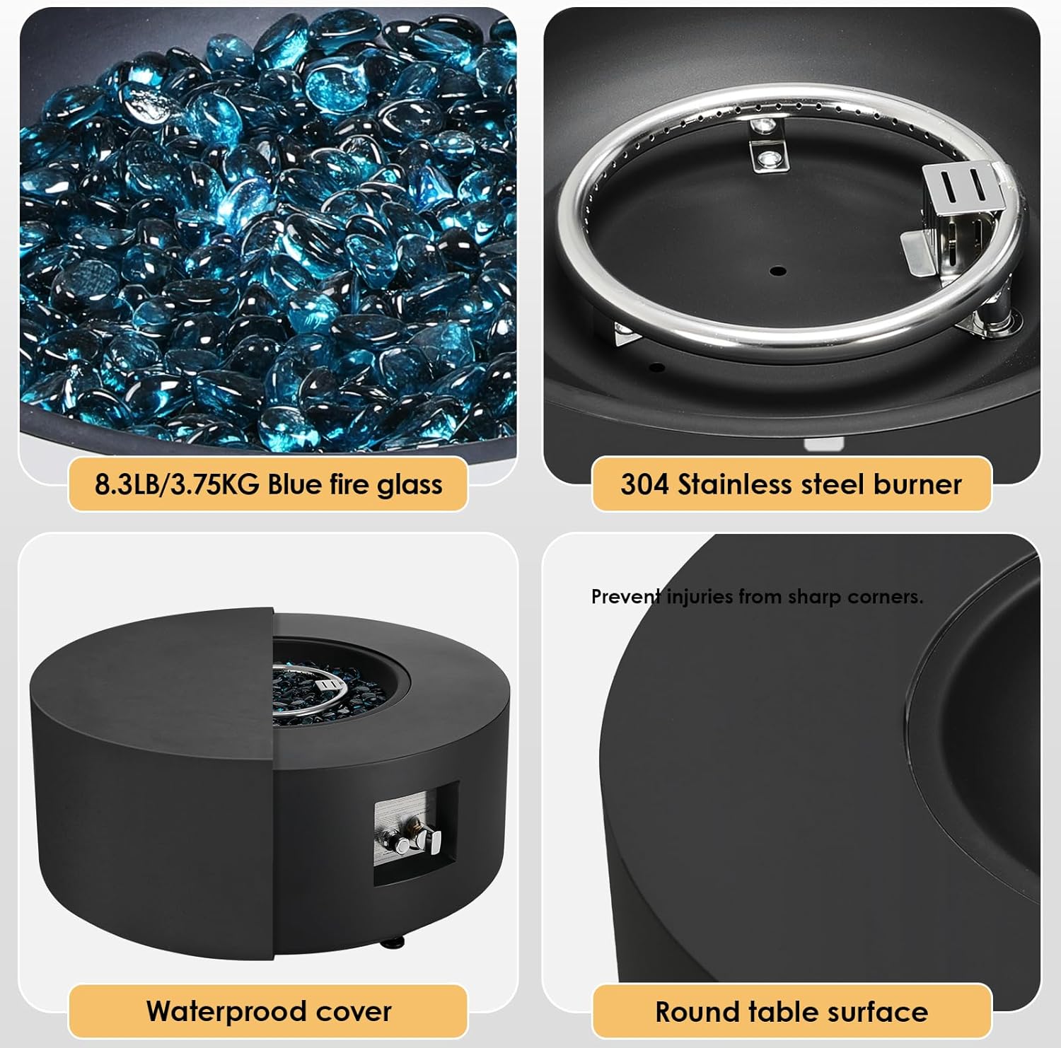 TLGREEN 30in Outdoor Propane Fire Pit Table,2 in 1 Round Gas Fire Pit Table with Tank,50,000 BTU,Rain Cover,304 Stainless Burner,Blue Glass,for Outside,Patio,Deck,Backyard,Garden,Pool,Dark Grey