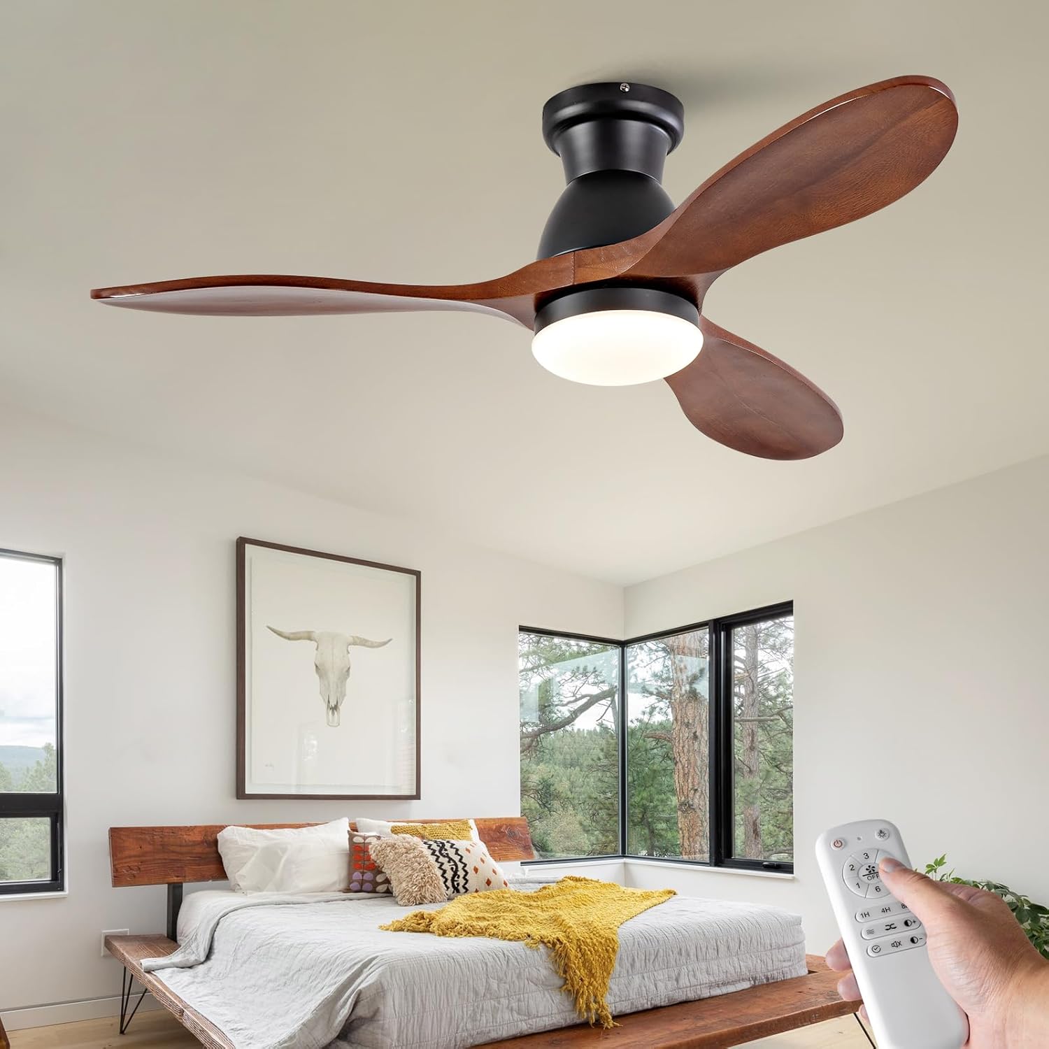 Dimmable 42 Inch Flush Mount Ceiling Fans with Lights and Remote, 3 Blade Wood Bedroom Ceiling Fan with Lights Low Profile Ceiling Fan with Light Outdoor Ceiling Fans for Patios Living Room