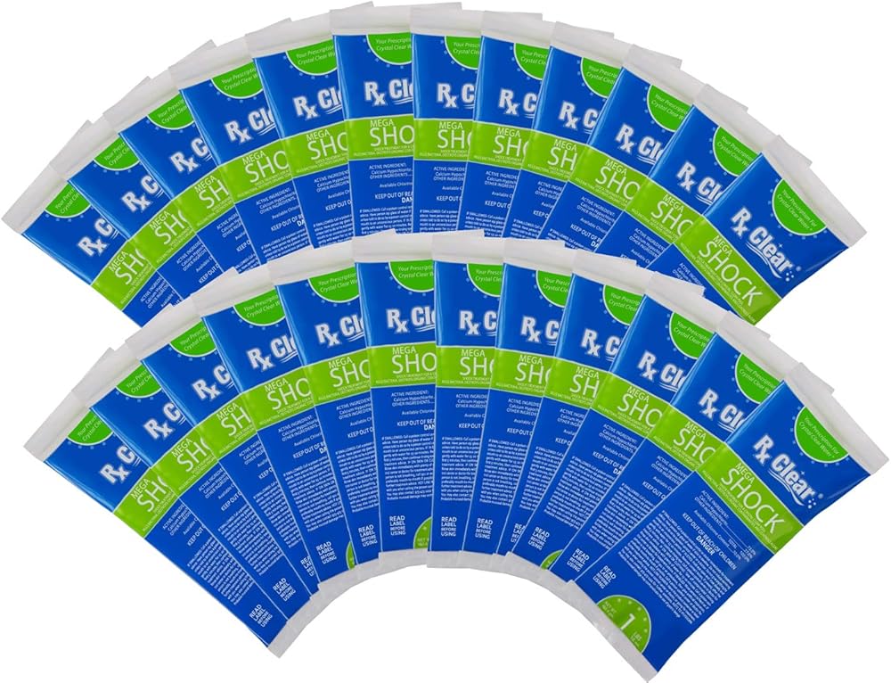 Rx Clear Mega Shock | 73% Calcium Hypochlorite | Kills Algae in Swimming Pools | Works As Pool Sanitizer Clarifier and Algicide | One Pound Bags | 48 Pack