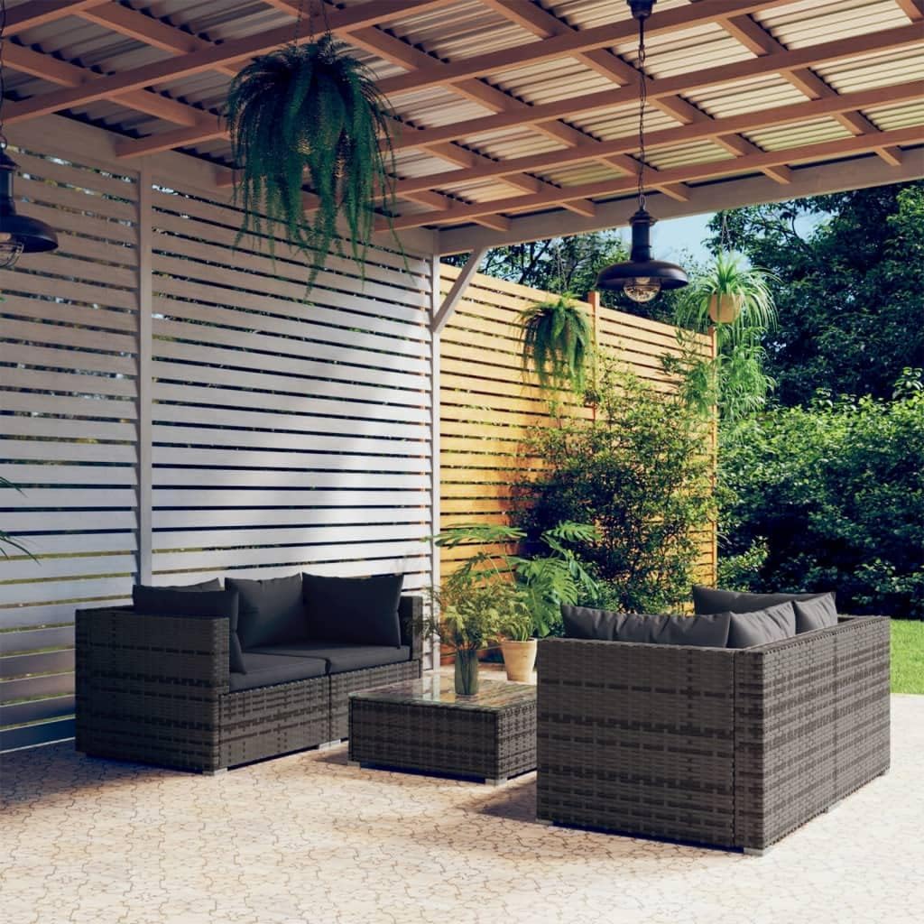 5 Piece Patio Lounge Set with Cushions Poly Rattan Gray Garden Furniture