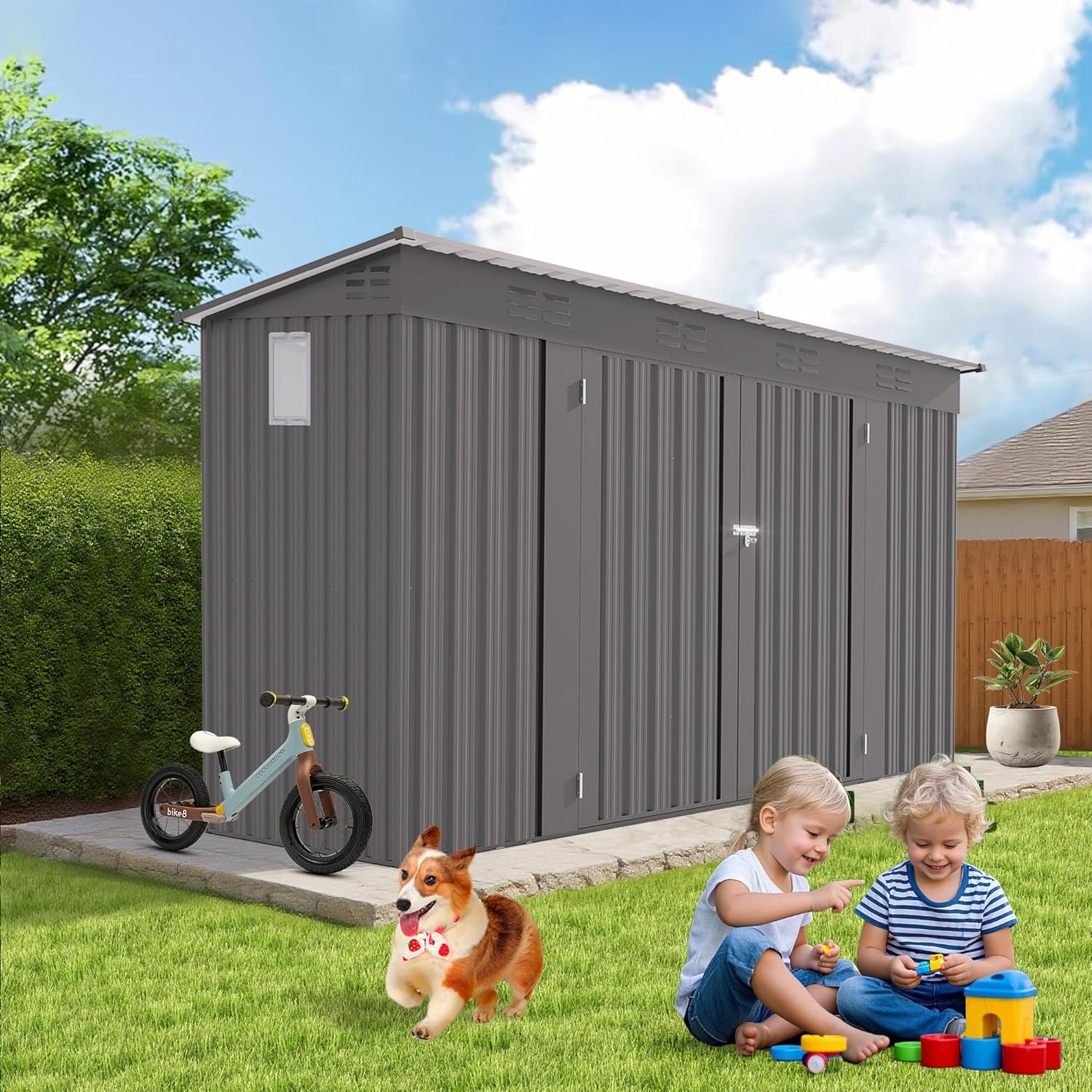 4x9 ft Lean to Shed, Outdoor Storage Shed with Lockable Double Door and Window, Metal Storage Sheds with Sloping Roof and 6 Vents, Outside Garden Tool Sheds for Backyard, Patio (Grey)