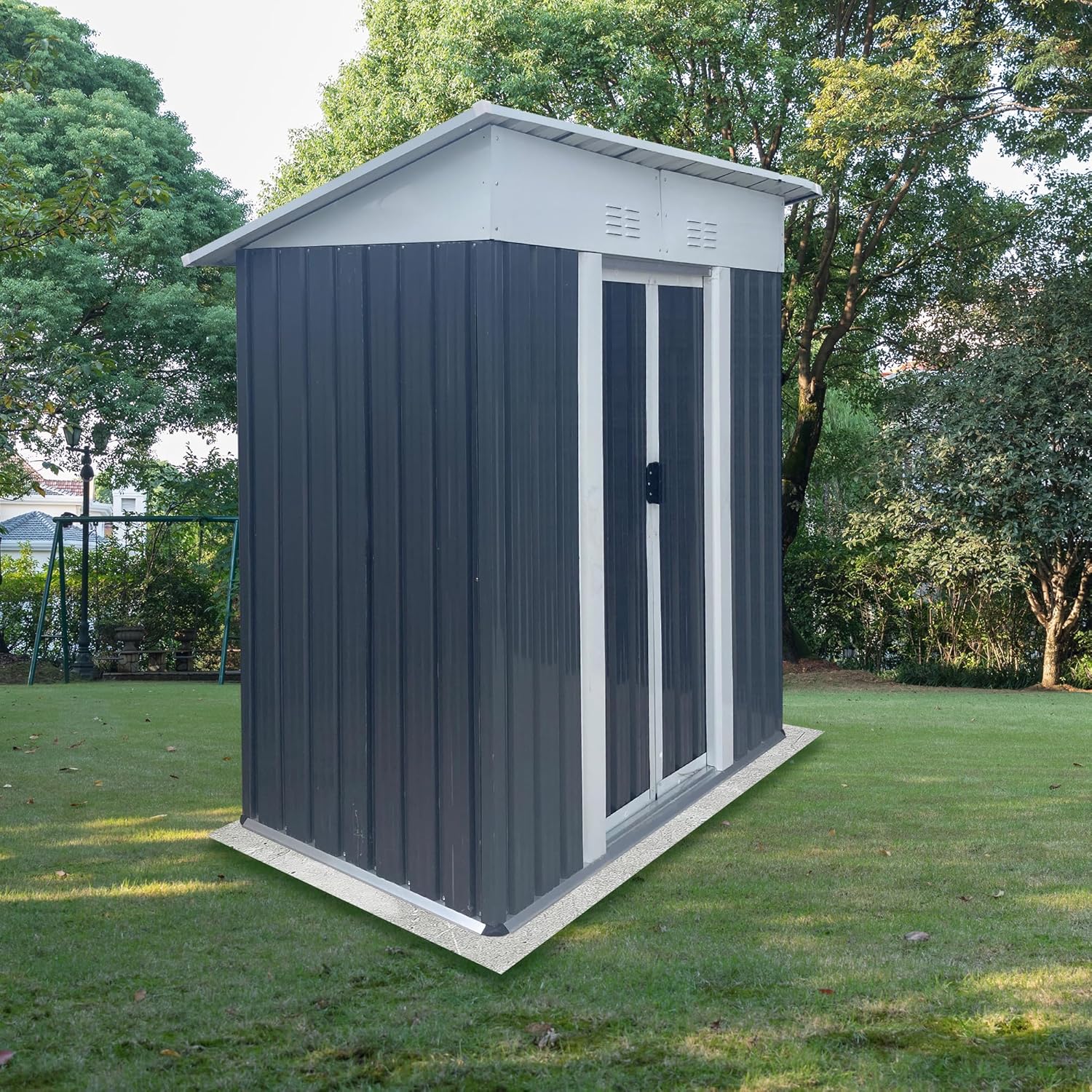 5FT x 3FT Outdoor Storage Shed, Metal Outdoor Grey Garden Shed, High-Strength Galvanized Steel & Aluminum Alloy Frame and Sliding Door for Bike, Tools, Tiny Home