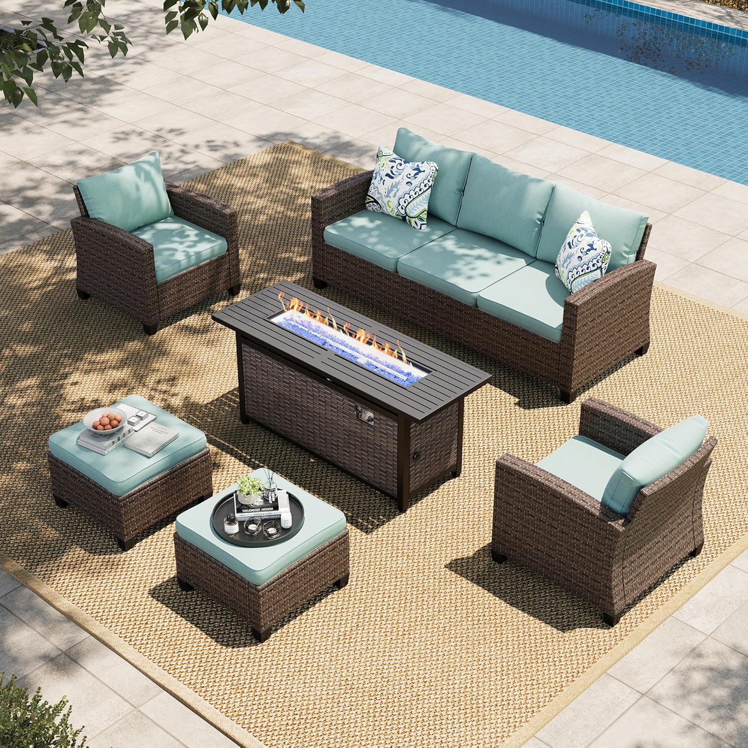 HERA'S HOUSE Patio Furniture Set with Fire Pit Table, 2 x Single Chair, 2 x Ottoman, 3-Seat Sofa, 6 Pieces Wicker Outdoor Sectional Conversation Sets for Lawn Backyard, Brown/Blue