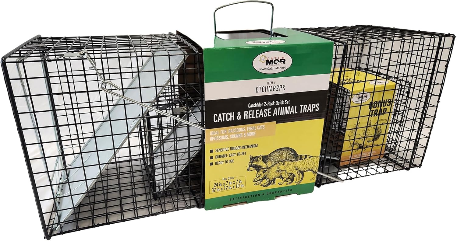 Rugged Ranch CatchMor Live Animal Multi Catch 2 Pack Trap, 1 Large & 1 Small Metal Catch & Release Cage for Raccoons, Opossums, Bunnies, & Squirrels