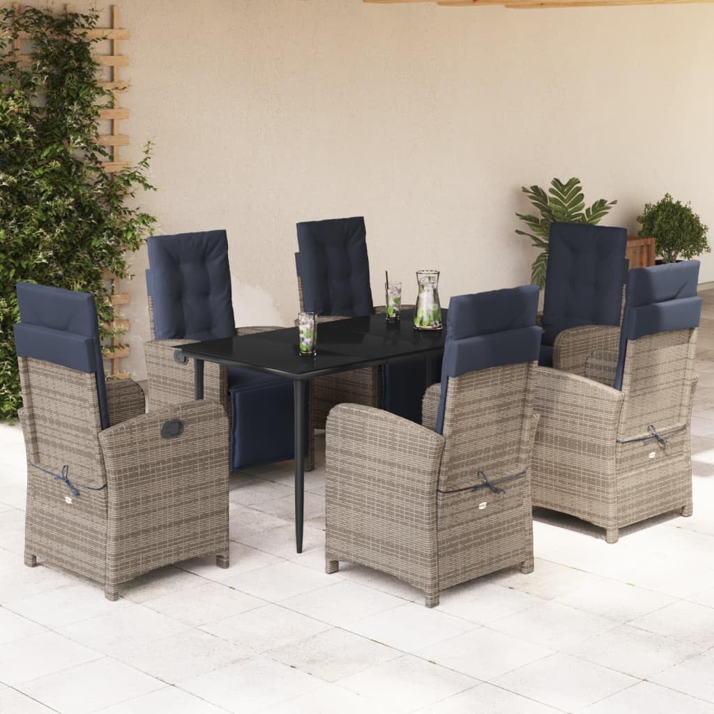 7 Piece Patio Dining Set with Cushions Gray Poly Rattan,Versatile Outdoor Patio Dining Set with Adjustable Reclining Chairs and Durable Tempered Glass Table for Backyard and Garden Patio Furniture Set