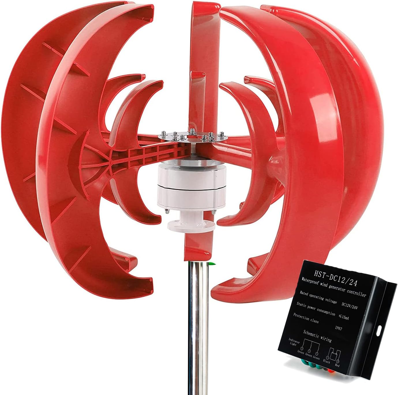 Vertical Wind Turbine Generator Kit,10000W 5 Blades Lantern Wind Turbine Motor Electricity Producer Equipment for Hybrid Wind Solar System, Red