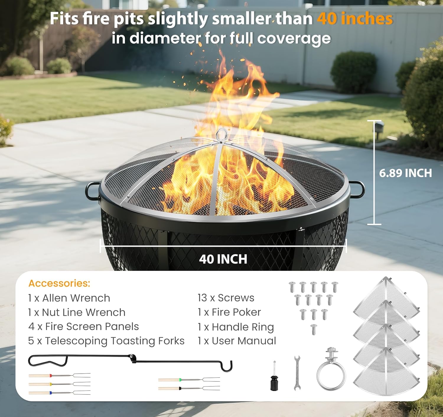 Fire Pit Spark Screen 40 Inch Round, Heavy Duty Stainless Steel Outdoor Fire Pit Screen Cover with Foldable Hook & Marshmallow Sticks, Mesh Spark Protector for Backyard, Camping, Beach