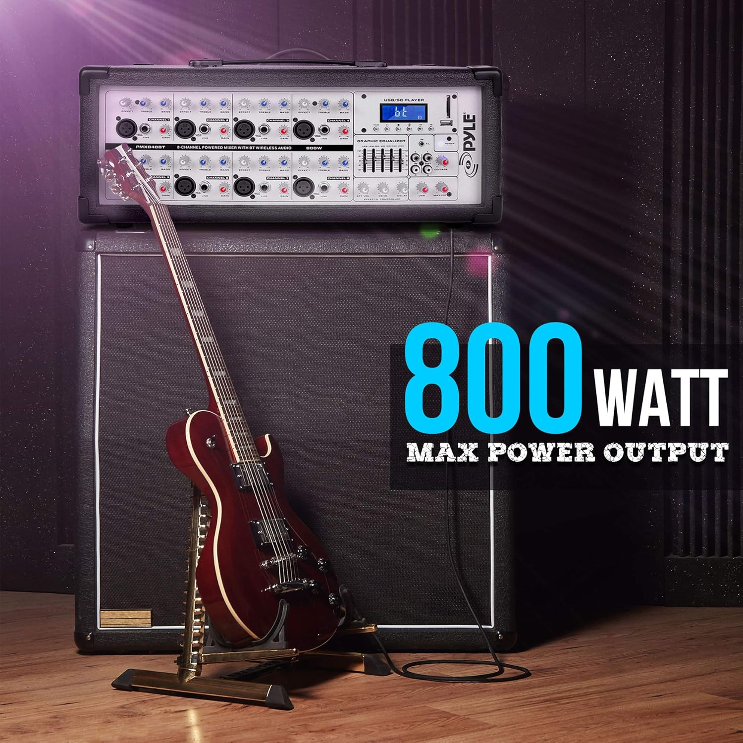 Pyle 800W Powered Stage Mixer with Bluetooth - 8 Channel Pro Audio Sound System w/ USB-A MP3 SD Card Player - RCA/1/4” Effects Loop - Aux Input - Digital LCD Display - Built-in Cooling Fan - PMX840BT