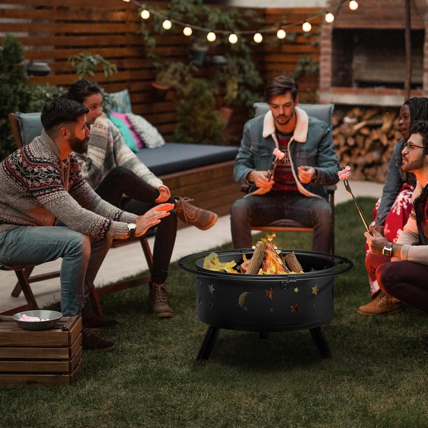 Fire Pit 30-Inch, Fire Pits for Outside Wood Burning, Outdoor Fireplace with Spark Screen, Fire Ring Include Fireplace Poker and Fire Pit Mesh Cover for Bonfire Patio Backyard Picnic