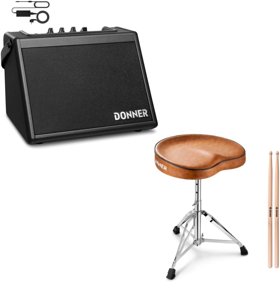 Donner Mini Electric Drum Amp 20W Wireless Electronic Amplifier DDA-20 Portable for Home Practice with Donner Saddle Drum Throne Height Adjustable Padded Seat Stool Brown
