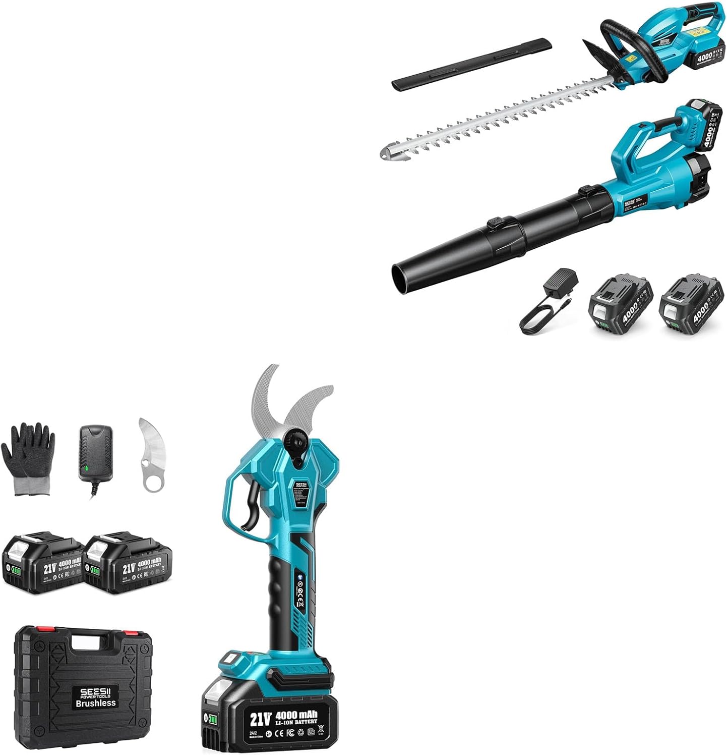 SEESII Cordless Hedge Trimmer and Leaf Blower Combo+Seesii Electric Pruning Shears for Gardening: 1.8” Cutting Cordless Power Pruner