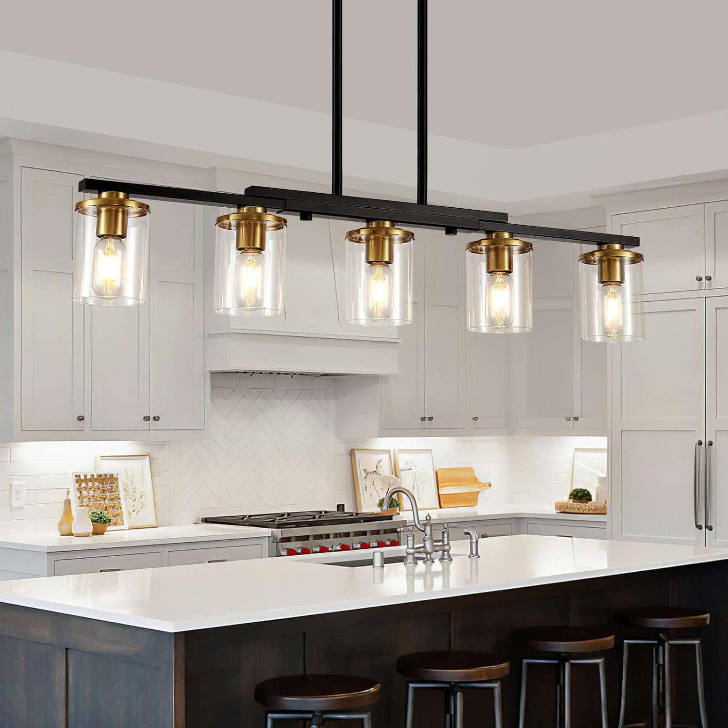 36.2inch 5-Light Kitchen Island Lighting,Dining Room Lights Modern Farmhouse Chandelier with Clear Glass Shade,Modern Rustic Black and Gold Metal Chandelier, Kitchen Pendant Light Fixtures