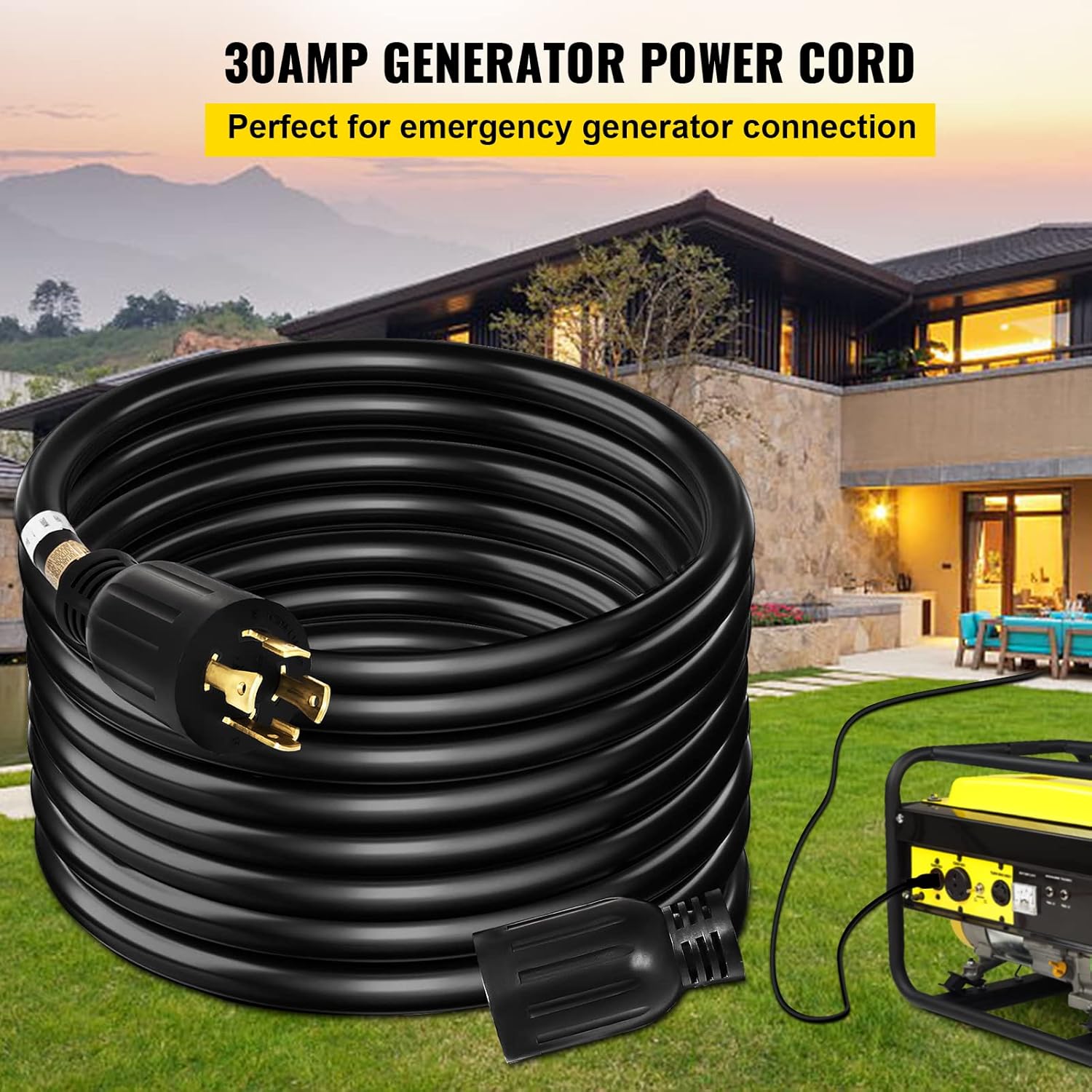 VEVOR 40 FT 30 Amp Generator Extension Cord SJTW 10 Gauge 4 Prong, NEMA L14-30P 125/250V 7500W Heavy Duty Generator Power Cord with Twist Lock Connectors