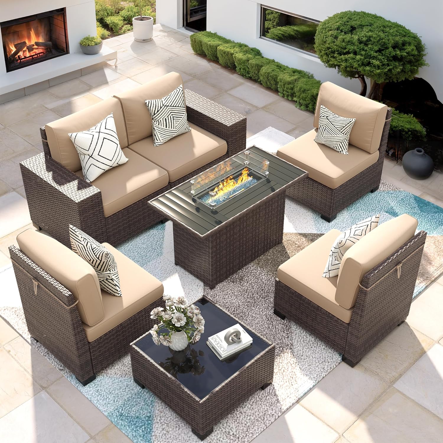 7 Piece Patio Furniture Set with Fire Pit Table, Outdoor Conversation Sets Wicker Rattan Sectional Sofa with Coffee Table, 4'' Thickened Cushion Beige (Include Waterproof Cover)