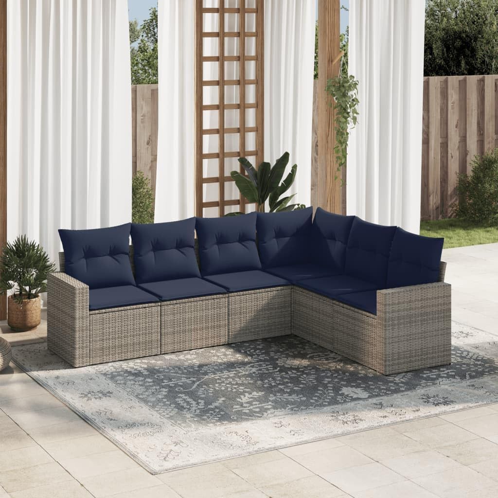 6 Piece Patio Sofa Set with Cushions, Gray Poly Rattan Outdoor Furniture, Modular Design, UV-Proof, Balcony Furniture, Weather-Proof