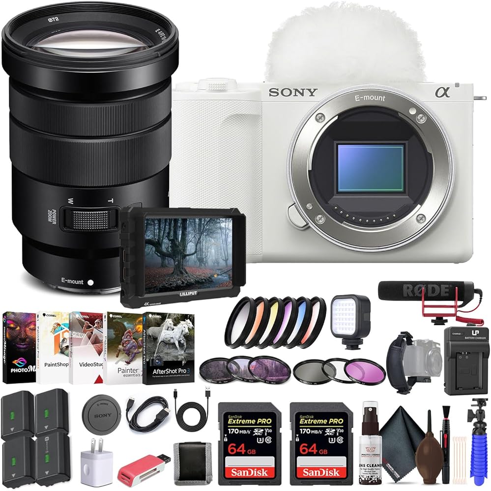 Sony Alpha ZV-E10 II Mirrorless Camera (Body Only, White) (ZVE10M2KW), Sony 18-105mm Lens, 4K Monitor, Pro Mic, 2 x 64GB Memory Card, Color Filter Kit, Filter Kit, Photo Software, Bag, More