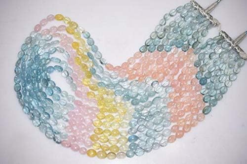 natural multi aquamarine smooth oval beads necklace 7x9 to 8x10 mm,7 line aquamarine oval beads 24 inch necklace