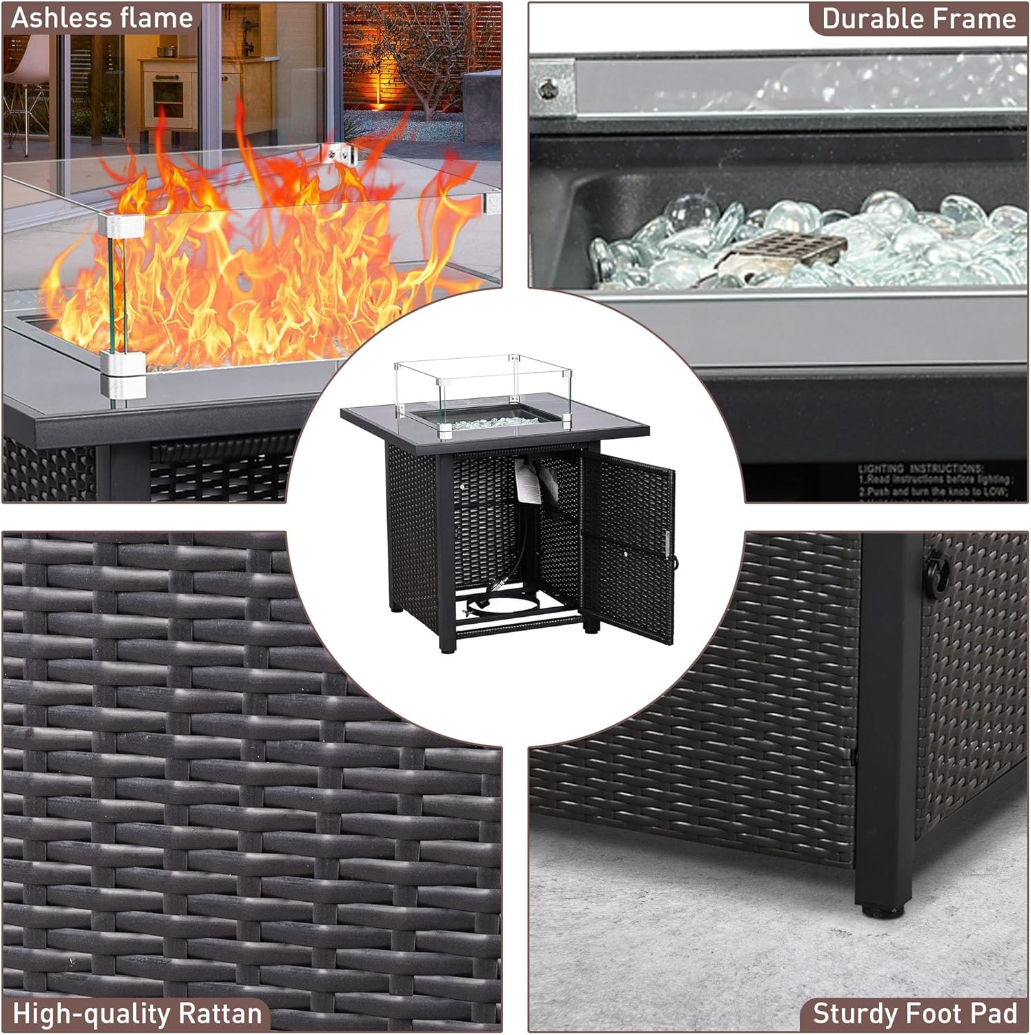 Ainfox 28 Inch Outdoor Fire Pit Table, 50,000 BTU Propane Fire Pit with Lid and Wind Glass Shield, Rattan 3-in-1 Fire Table for Patio, Backyard, Garden