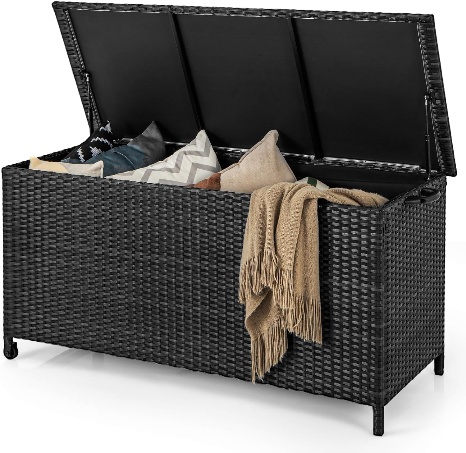 Tangkula Rattan Deck Box, 85 Gallon Storage Container with Waterproof Liner, Wheels & Gas Strut, Indoor Outdoor Wicker Storage Cabinet, Storage Furniture for Pillows, Cushions (Black)
