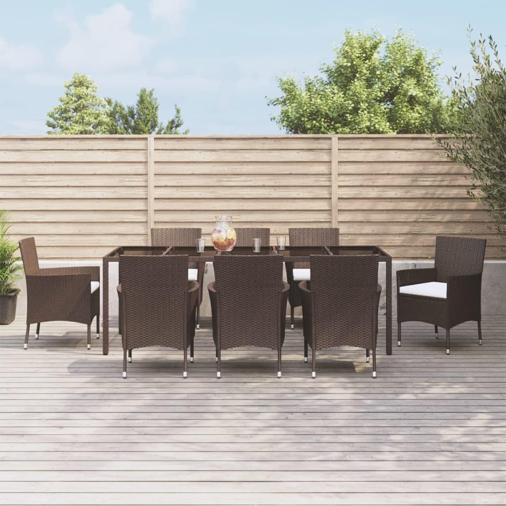 Furniture Sets 9 Piece Patio Dining Set with Cushions Brown Poly Rattan,Outdoor 9Piece Dining Set Rattan Patio Furniture with Comfortable Cushions and Tempered Glass Table Garden Conversation Sets