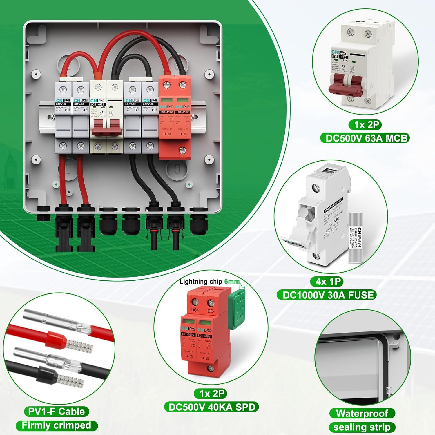 2 String Solar PV Combiner Box IP65 2 in 1 Out DC500V 63A Circuit Breaker & 10pcs Fuse Link 20A 1000V DC with Surge Protector and 30A PV Fuse,Solar Disconnect Switch Outdoor Waterproof for Solar Panel