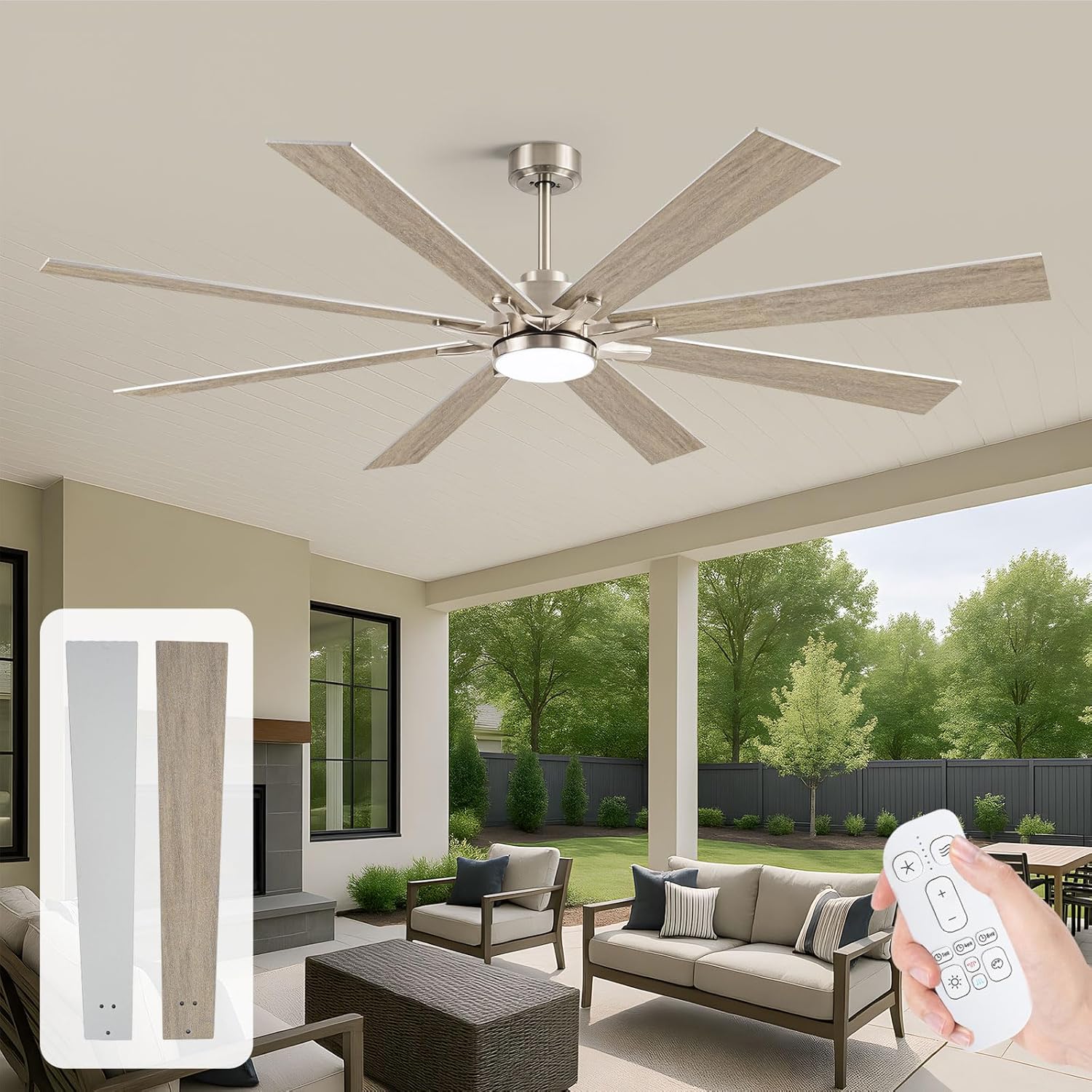 72'' Modern Ceiling Fan with Light and Remote, Large Indoor Outdoor Ceiling Fans for Patios, 8 Blade High CFM Industrial DC Fan for Living Room Commercial, Nickel/Oak