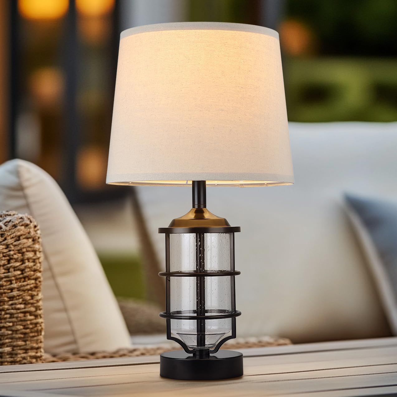 Outdoor Table Lamp, Farmhouse Lamp for Patio Table Decor with Cord, Rustic Table Light with Seeded Glass, 23.5