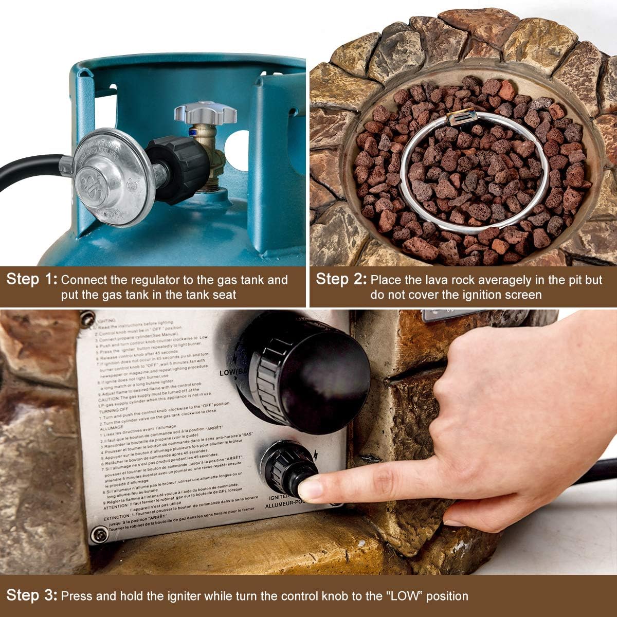 COSTWAY 28-Inch Gas Fire Pit 40,000 BTU Propane Fire Pit Outdoor with Natural Stone, Cover, Stainless-Steel Gas Burner w/Electronic Ignition Lava Rock, ETL Certification, Brown