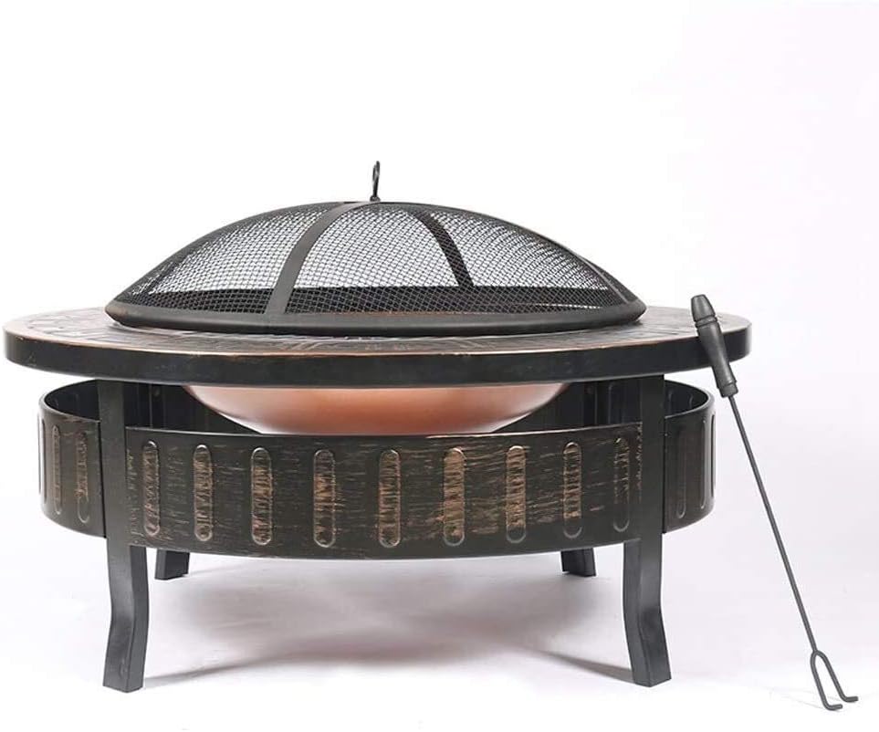 Fire Pits Outdoor Wood Burning Outdoor Fire Pits, Round Metal 32 Inch Fire Pit with Base, Spark Screen, Screen Lift Tool, Outdoor Table with Cover BBQ Cooking for Outside Camping Backyar
