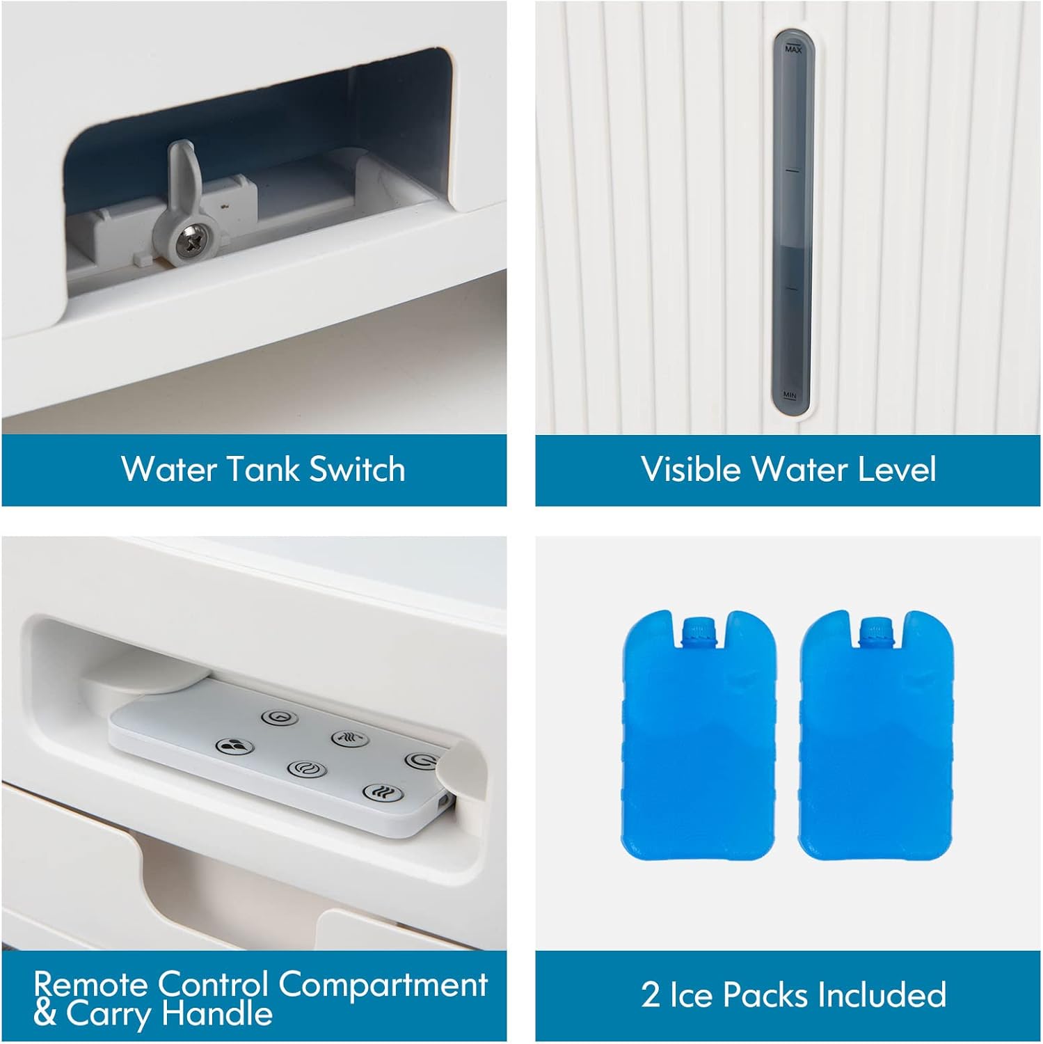 LDAILY 3-In-1 Evaporative Air Cooler w/Humidifier & Fan, Portable Rolling Windowless Swamp Cooler w/Remote Control & 2 Iced Boxes, 60° Oscillation Cooling Fan w/ 15H Timer & 1.3 Gal Water Tank