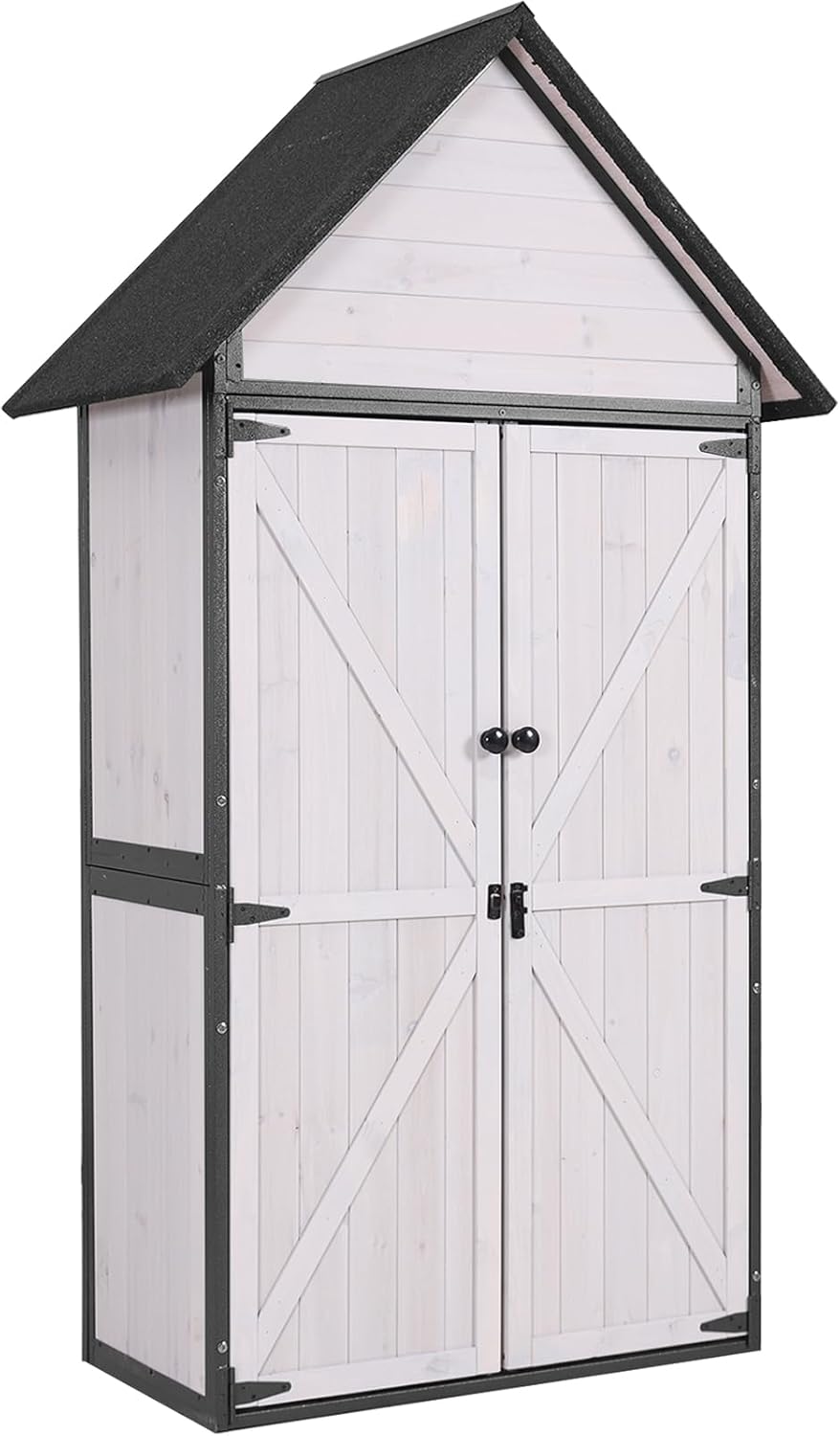 Aivituvin Storage Shed Outdoor Cabinet with All-Around Strong Metal Frame Wooden Tool House with Adjustable Shelfs and Floor,Waterproof Roof (White)