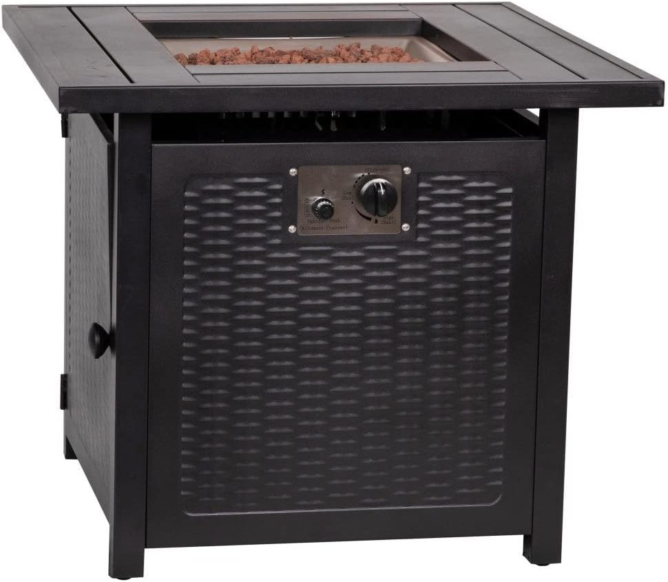Outdoor Btu Metal Fire Pit Table with Lid and Lava Rock Black Square Steel