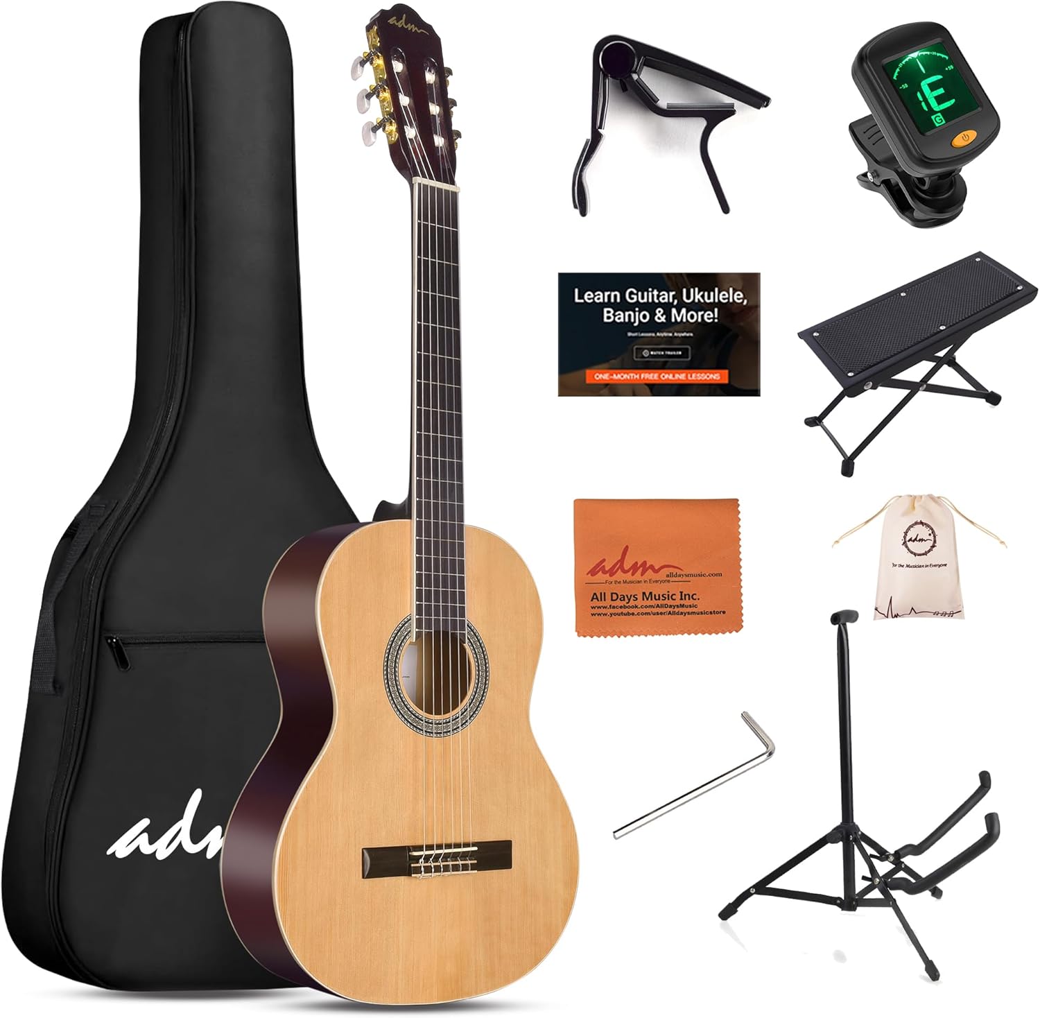 ADM Full Size Classical Nylon Strings Acoustic Guitar 29 x 75x 50mm Classic Guitarra Starter Bundle for Adult with Free Lessons, Gig Bag, Tuner, Footstool, Kids Student Beginner Kits, Nature