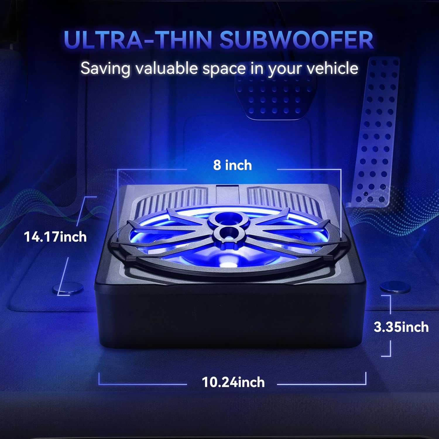 Andeman 1000W Car Subwoofer, 10'' Slim Under Seat Powered Car Subwoofer w/Built-in Amplifier & Hi/Lo Input, Bass Speaker Subwoofer with Blue LED Light, Individual Control, for Car/Truck/SUV/Jeep/MPV