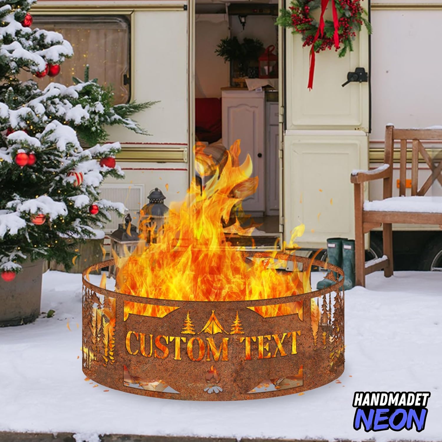 Personalized Rusty Forest Bear Fire Pit Ring 360 Degree, Custom Outdoor Rusted Campfire Round Firepit, Pits Gifts for Wood Burning, Fireplace, Camping Essentials, Raised Garden Bed