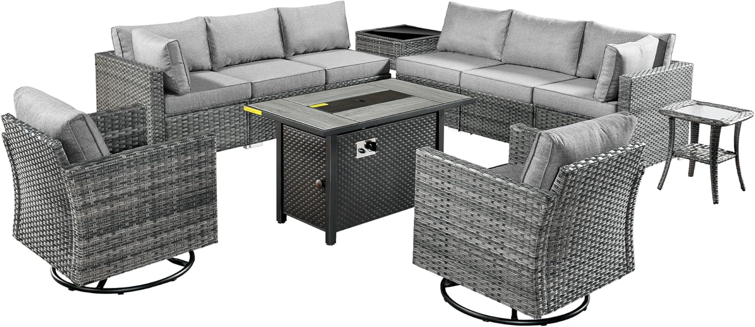 HOOOWOOO 11-Piece Outdoor Wicker Patio Furniture Set with Fire Pit Table, Swivel Chairs, Side Table, All-Weather Rattan Sectional Sofa with Cushions for Garden, Deck, or Backyard (Dark Grey)