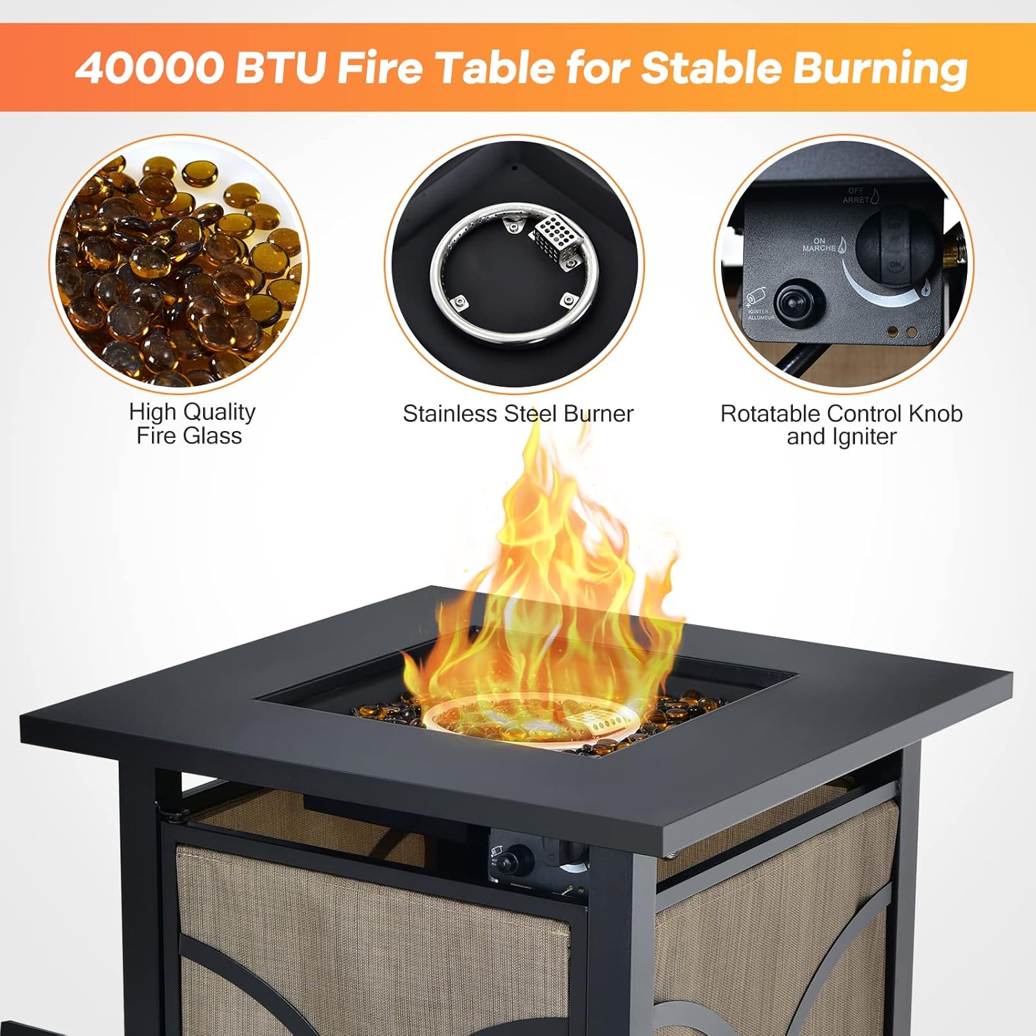 COSTWAY 25-Inch Propane Fire Pit Table, 40000 BTU Square Gas Fire Pit Table with Lid, Fire Glass and Adjustable Flame, 2-in-1 Outdoor Fire Table, CSA Approved