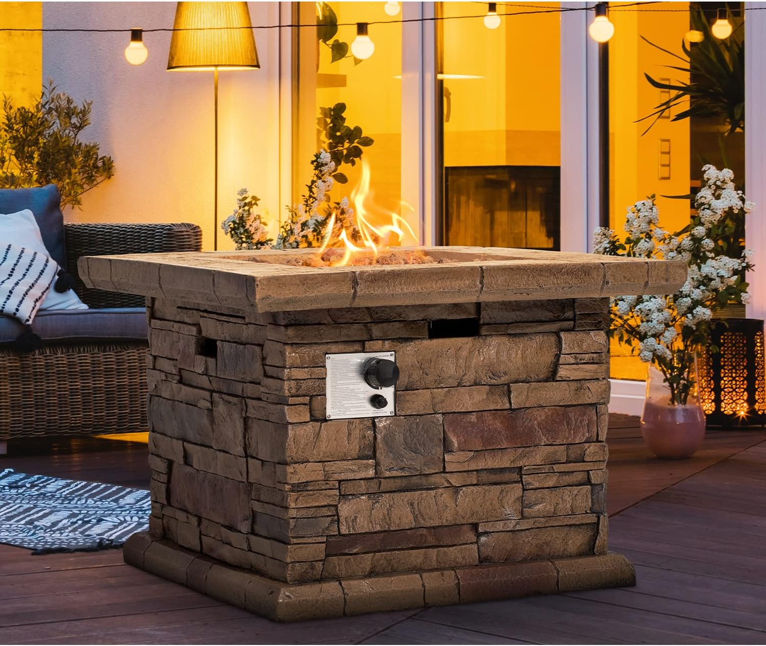 Outdoor Propane Fire Pit Table, 32 Inch 40,000 BTU Brown Square Concrete Gas Fire Table w Lava Rocks, Rain Cover, Fits 20 lb Propane Tank Inside, Imitation Stone Design