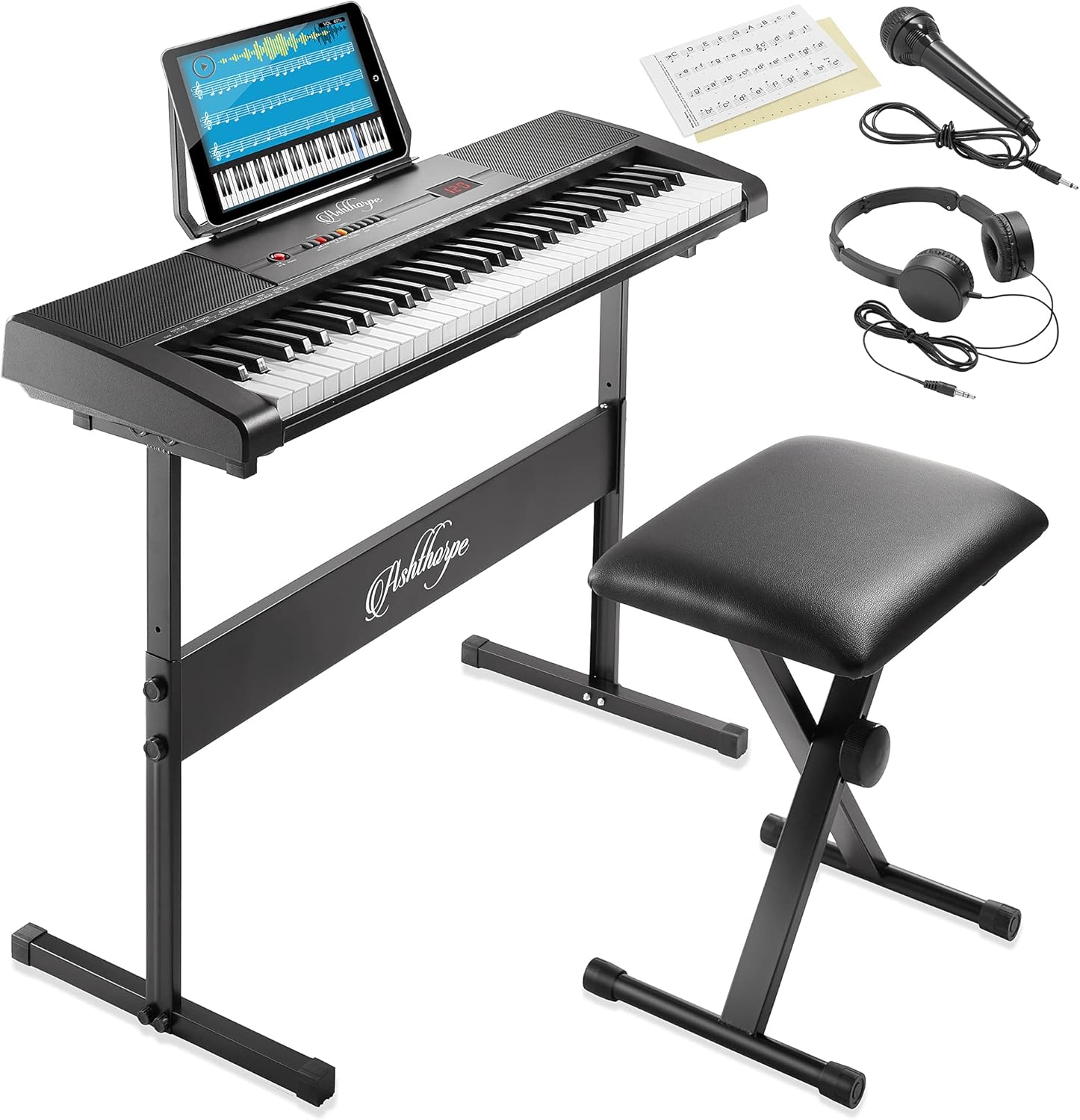 Ashthorpe 61-Key Digital Keyboard Piano with Stand and Bench, Portable Electronic Piano Keyboard Kit with Headphones, Microphone, Keynote Stickers