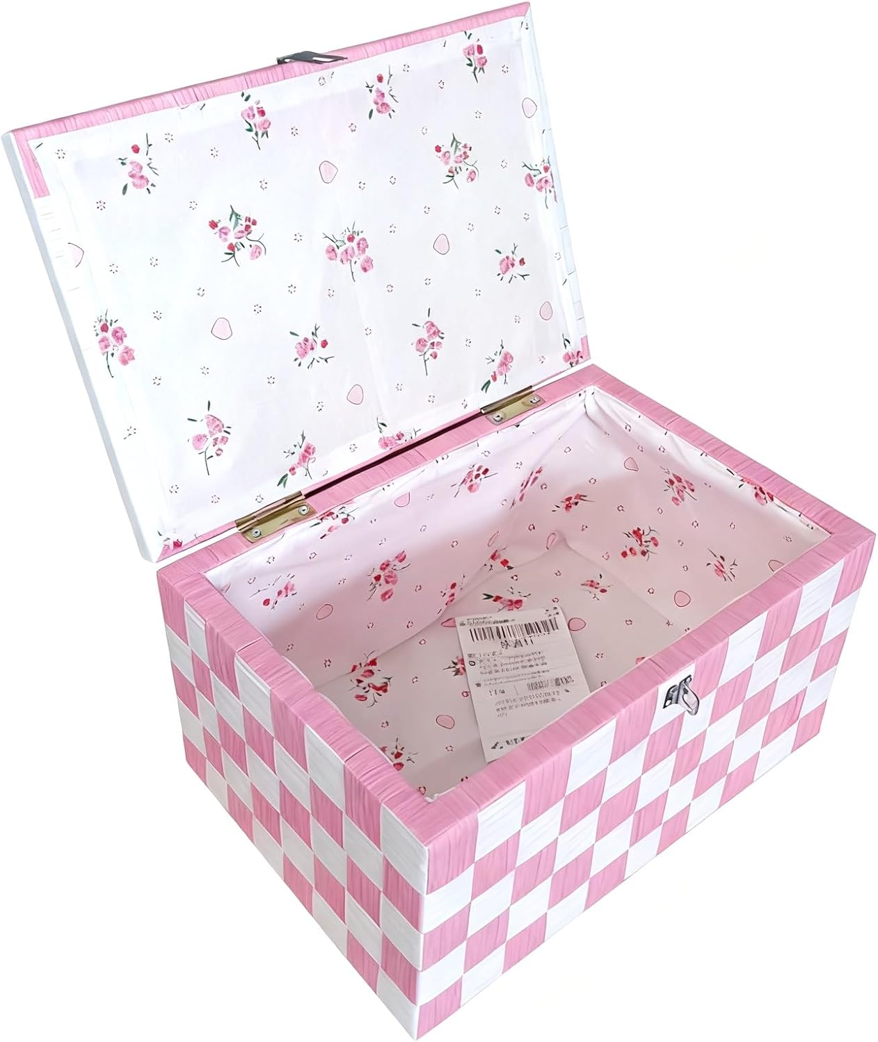 Hand Woven Storage box With lid Solid Wood Frame Stackable Decorative Organizer bin Multi Scenario use for Home Garage Camping Available in Various Patterns(Pink Floral,50cm/20in)