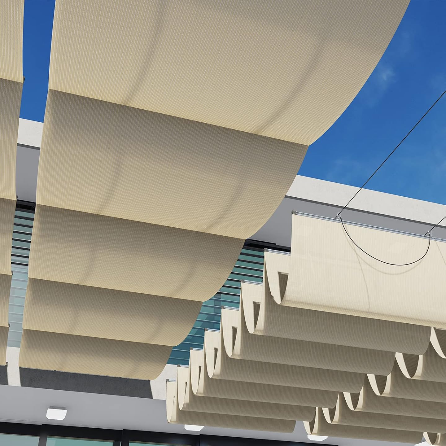 COARBOR 4'Wx16'L Pergola Shade Cover Retractable Shade Awning Slide Flexible Canopy for Patio Deck Porch Hang Down U Shape Wave Shade Cover Wire Cable Hardware Included Beige