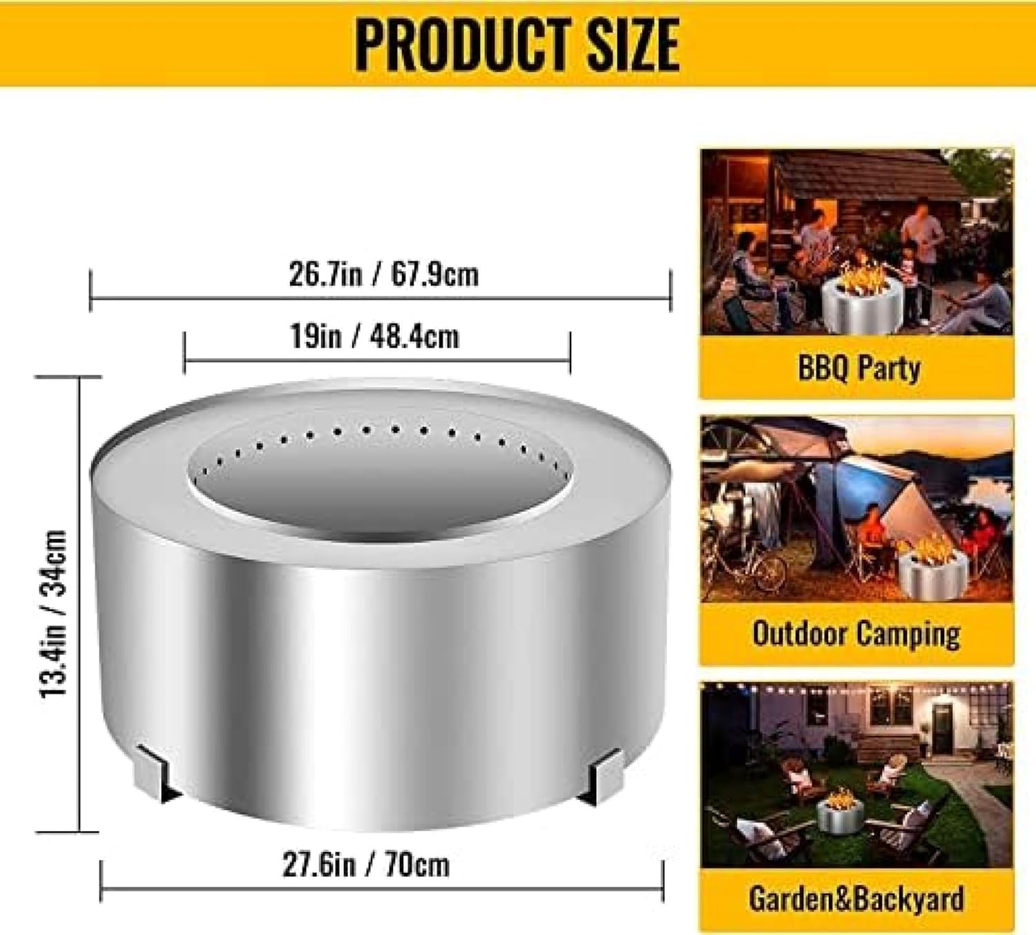 Smokeless Fire Pit, Stainless Steel Stove Bonfire, Large Diameter Wood Burning Fire Pits, Outdoor Stove Bonfire Fire Pit, Portable Smokeless Fire Bowl for Picnic Camping Backyard,28.5 Inch